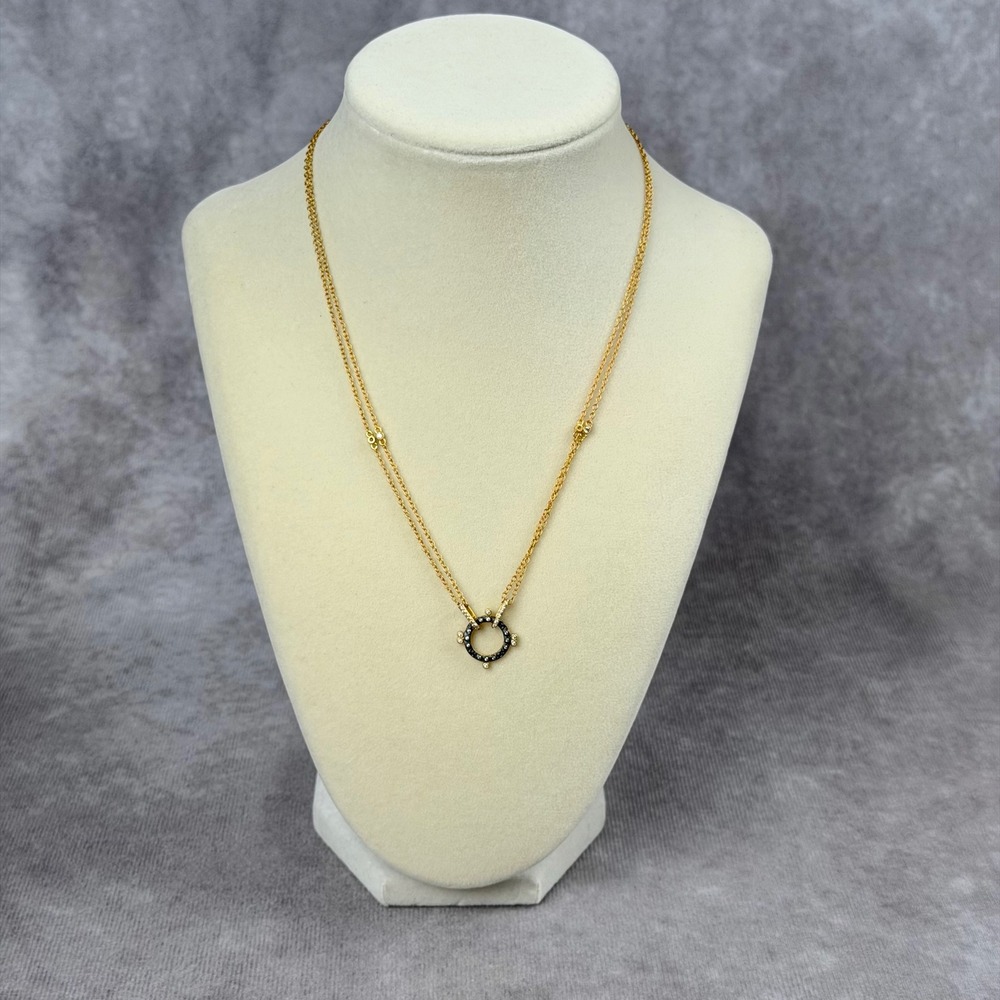 Freida Rothman Gold Plated Sterling Silver Blackened CZ Circle Double Necklace